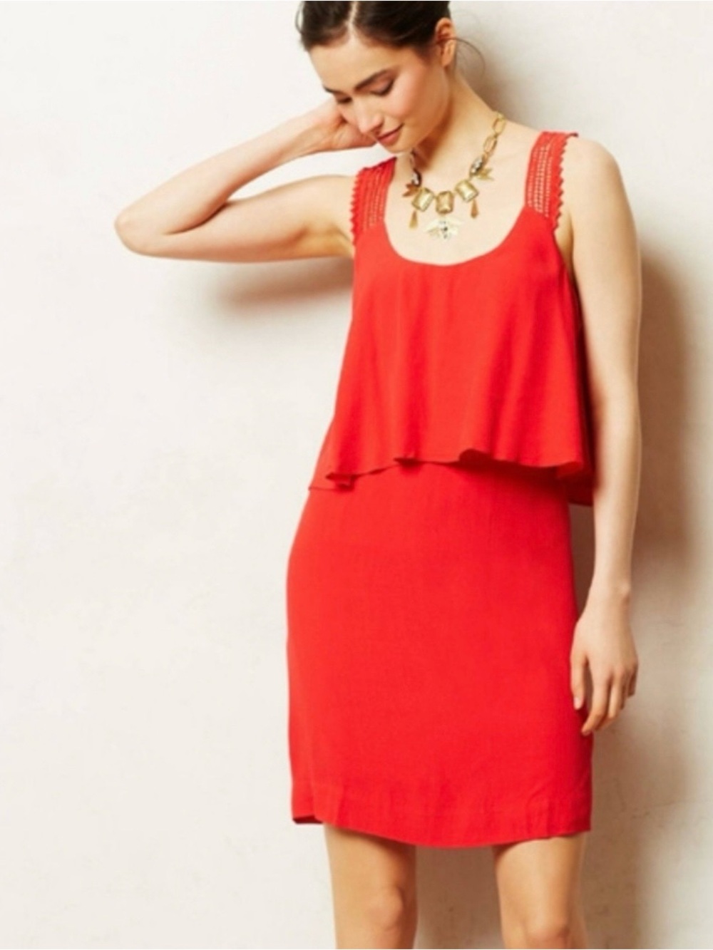 Maeve Anthropologie Red Ruffle Overlay Dress Crochet Strap Sheath Size 6